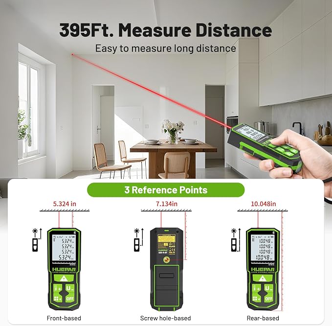 395FT Bluetooth Laser Measuring Tool with Angle Sensor, Fathers Day Dad Gifts, Huepar 1/16in Accuracy Laser Distance Measurement Tool, M/in/Ft, Digital Laser Room Measuring Device, Distance Meters
