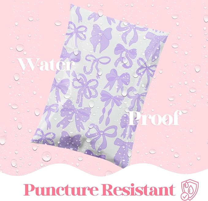 Pretty Package Store 14.5x19 Designer Poly Mailer 100 Pack Heavy Duty Waterproof Self Seal Shipping Bags for Small Business Large Mailing Envelopes Bulk Tear Resistant Packaging Purple Bows