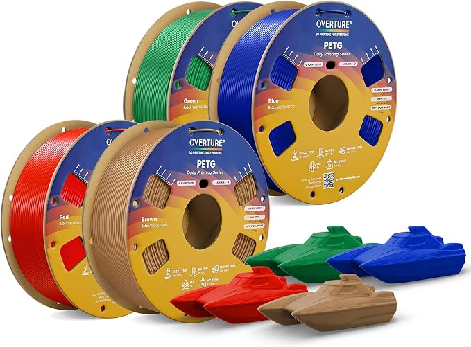 OVERTURE PETG Filament 1.75mm Bundle 4kg, High Speed 3D Printer Filament, Neatly Wound & Clog-Free, 4 Pack 1kg(2.2lbs), Accuracy +/- 0.02mm, Fit Most FDM Printers (Red+Brown+Green+Blue)