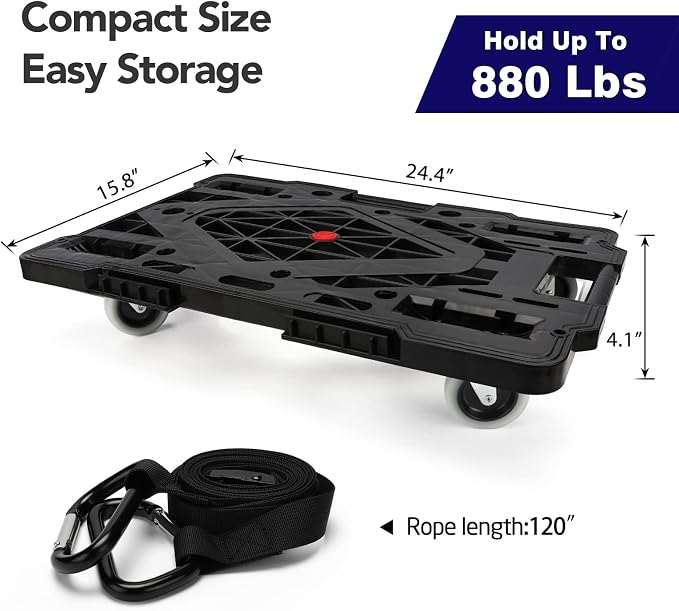 Furniture Dolly, 2 Pack Large Moving Dolly, 22.4in*15.8in with 880Lbs Capacity of 120in Rope, Heavy Duty Furniture Movers Wheels, Portable and Connectable Dollies with Wheels, Black