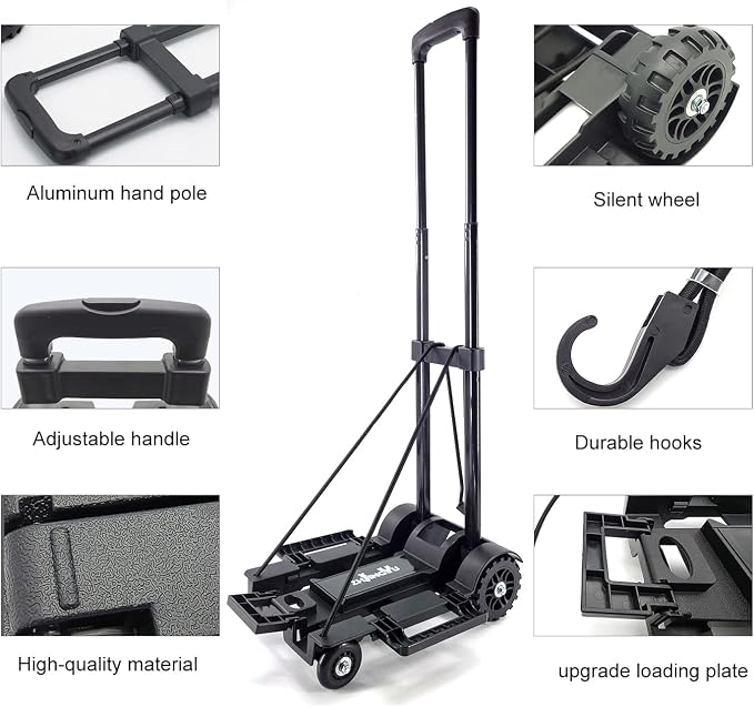 Folding Hand Truck Small Dolly,Foldable Utility cart with 4 Wheels & 2 Elastic Ropes,Foldable cart,Backpack Trolley,Car seat Dolly for Airport,Travel,Moving,Shopping Lightweight for Women