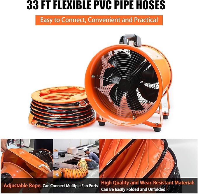 12-Inch High-Velocity Portable Utility Blower Fan, Industrial Exhaust Fan with 33ft Flexible Duct Hose, 3150 RPM Low-Noise Ventilator for Basements, Workshops, Warehouses, and Confined Spaces