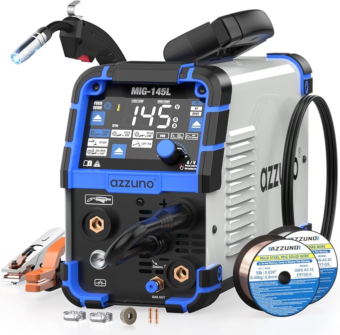 AZZUNO 4 in 1 MIG Welder 110V/220V, 145Amp MIG Welding Machine with Gas/Gasless Flux Core MIG/Lift TIG/Stick Welding, Wire Feed Welder with Synergic Control