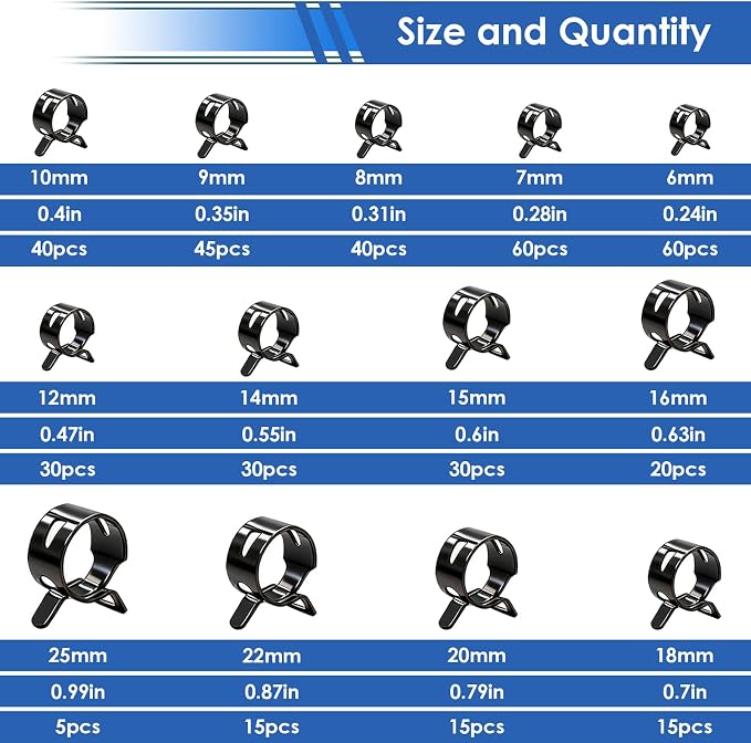 smseace 406Pcs 6-25mm Spring Band Hose Clamps With Plier 13-sizes Constant Tension Hose Clamp used for Fuel Line，Vacuum Hose，Air Hose