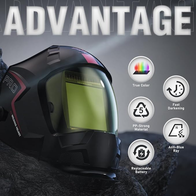 YESWELDER Auto Darkening Welding Helmet, Hemispherical lens, 1/1/1/1 True Color 3.94"X3.66" Large Viewing, Solar Power 4 Arc Sensor, Wide Shade 4/5-9/9-13 for TIG MIG Arc Weld Grinding Welder Mask