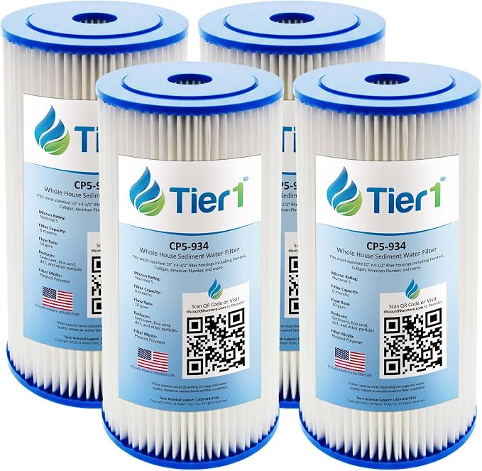 Tier1 5 Micron 10 x 4.5 Water Filter | Pleated Polyester Whole House Sediment Filter Cartridge | Replacement for Pentek CP5-BB, Culligan CP5-BBS-D, CP5-934, W5CPHD | 4.5 x 10 Water Filter (4-Pack)