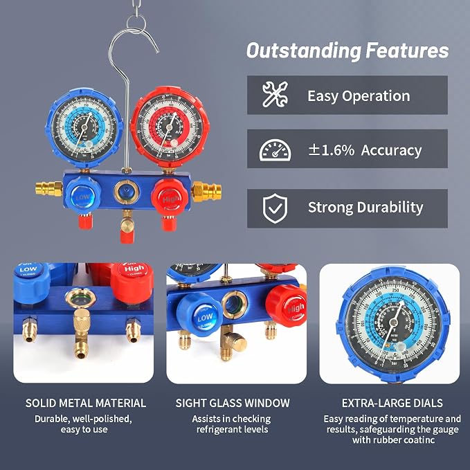 PB Motor Tech Vacuum Pump & Gauge Set - 4.5 CFM Pump with 3 Way Aluminum Manifold Gauge, with Leak Detector & PVC Storage Case - for R134A, R410A, R22, R404A Refrigerants & AC Maintenance
