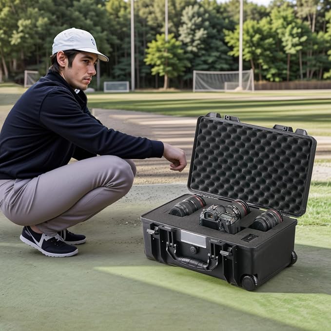 VEVOR Weatherproof Hard Case, Heavy Duty Protective Dry Box with Pre-Cut Foam, Wheels & Retractable Pull Handle for Travel, Hunt, Military, Tactical, IP67 Waterproof Case for Cameras (21.7*13.4*9.5")