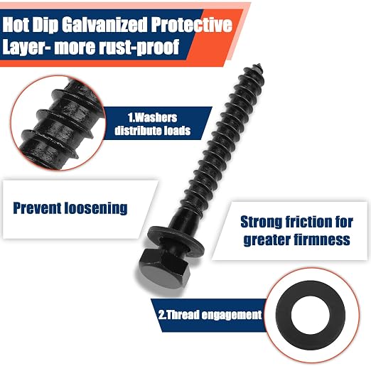 Tandefio 50 Pack 1/2''x 4'' Ceramic Black Lag Screw Kit with Washers Hex Lag Bolts Wood Screws Heavy Duty Hot Dip Galvanized Double Layer for Wood Decks Fences