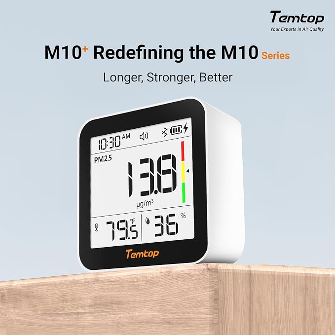 Temtop M10+ 6-in-1 CO2 Meter & Indoor Air Quality Monitor | PM2.5, TVOC, AQI, E-Ink Display, 60-Day Battery, App Temperature & Humidity for Home Bedroom Office