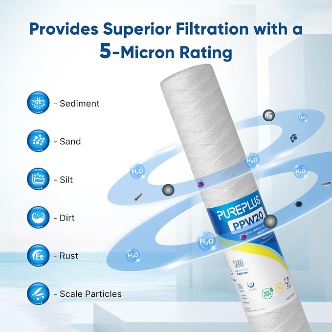 PUREPLUS 5 Micron 2.5" x 20" Whole House String Wound Sediment Filter for Well Water, Replacement Cartridge for Aqua Pure AP110-2C, Pentek P1-20/SP-P1-20/PX01-20, WPP-F20-5, 6Pack