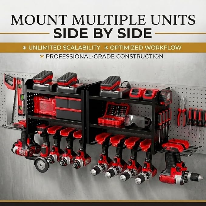 BUILTSTRONG Power Tool Organizer Wall Mount – 3-Tier Heavy-Duty Steel Rack, 6 Drill Slots, Dual Pegboard Sides, Side-by-Side Modular, 100 lb Capacity – Garage & Workshop (Black)