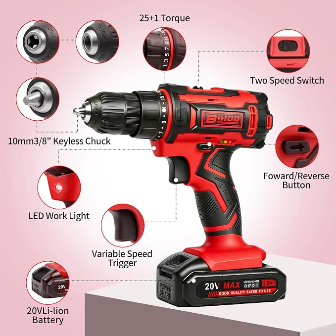 Cordless Drill Set,20V Drill Driver with Battery and Charger,3/8-Inch Keyless Chuck, Variable Speed,with Drills Bits Set,Red