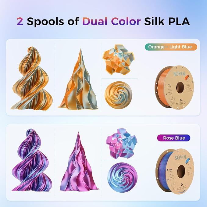 Sovol Silk PLA Filament 6KG Kit, Silk Tri Color & Dual Color Co-Extrusion PLA Materials, Shiny Multicolored Fast Change Rainbow 3D Printer Filament, 1.75mm 1kg/ 2.2lbs +/-0.03mm