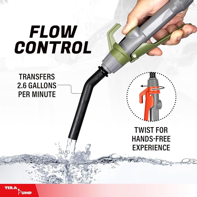 TERA PUMP TRCDM-XL Battery Powered Telescopic Fuel Transfer Pump (2.6GPM) with Flow Control Handle, XL Flexible Discharge Tube, and Metal Impeller for Gasoline, DEF, Diesel, Antifreeze, and Kerosene