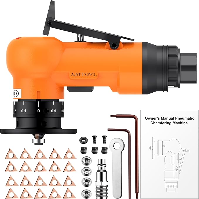 AMTOVL Pneumatic Chamfering Tool - Mini Air Chamfer Tool with 10 C-Angle & 10 R-Angle Blades, 45° 30000 RPM Chamfering Tool for Metal and Wood with 1/4" Air Inlet