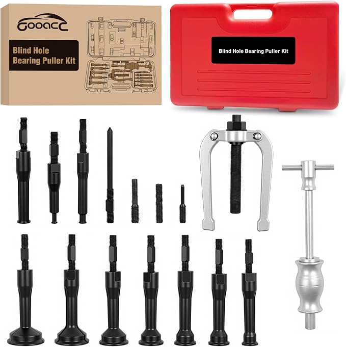 GOOACC 16pcs Blind Hole Bearing Puller Kit, Slide Hammer Pilot Insert Inner Internal Removal Tool Blind Hole Collet Bearing Set, Heavy Duty Blind Bearing Race and Seal Puller Extractor Kit with Case