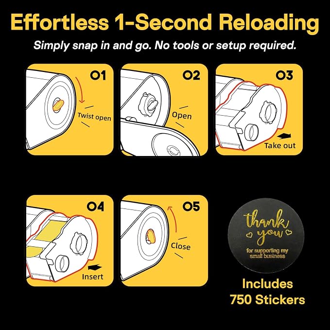 Automatic Sticker Dispenser—Multi-Size, Snap-in Preloaded Sticker Roll Cartridge—for Packaging, Gift Bags, Envelopes, Weddings & Events—Includes 750x1.5 Thank You Stickers (Yellow)