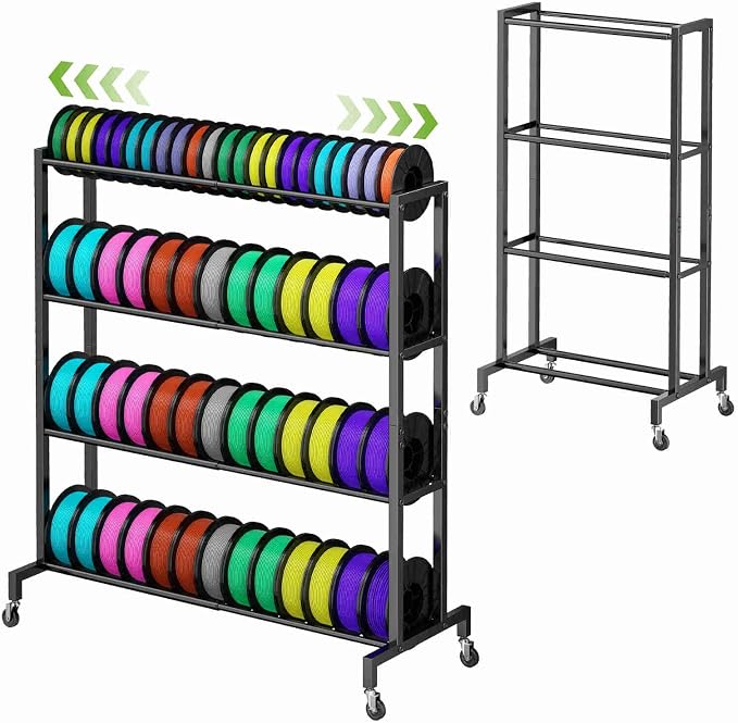 3D Printer Filament Storage Rack Stand, Rolling Filament Spool Holder Cart with Wheels, 4 Tier Expandable Heavy Duty Metal Shelf for 3D Printing Studio Workshop,1pcs Stand Only