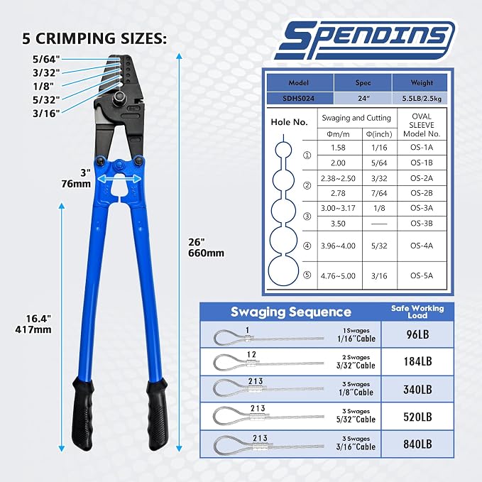 24 Inch Hand Swaging Cutting Tool, Wire Rope Crimping Tool for 1/16" 3/32" 1/8" 5/32" 3/16" Wires, 2-in-1 Crimper and Cutter, Swager Crimper for Copper Aluminum Oval Sleeve and Stop Sleeve