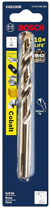 BOSCH CO2155B 1-Piece 7/16 in. x 5-1/2 in. Cobalt M42 Metal Drill Bit with Three-Flat Shank for Drilling Applications in Stainless Steel, Cast Iron, Titanium, Light-Gauge Metal, Aluminum (Pack of 4)