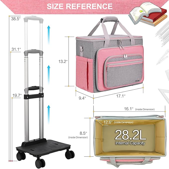 Rolling Teacher Tote Bag with Wheels Craft Storage Organizer Bag, Portable Wheeled Craft Cart for Teacher Art Office Scrapbook Supplies, Heavy Duty Multi-Purpose Rolling Tote Pink