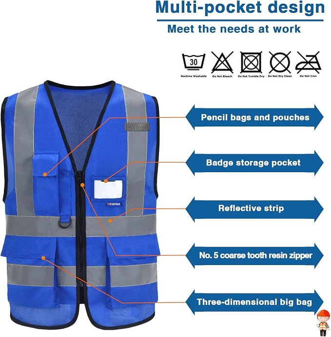 A-SAFETY Hi-Vis Safety Vest, Transparent ID Pocket, Front Zipper, Blue, XL | Blue XL work vest with reinforced pockets, front zipper and clear ID holder for equipment maintenance and mechanical work.