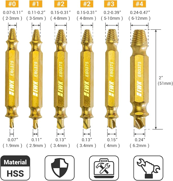 EWK 6-Piece 2-in-1 Flip Screw Extractor Set, HSS Screw Removal Tool with Left-Hand Drill Bit and Spiral Extractor for Stripped Screws, Broken Bolts, Rusted Fasteners, and Damaged Heads