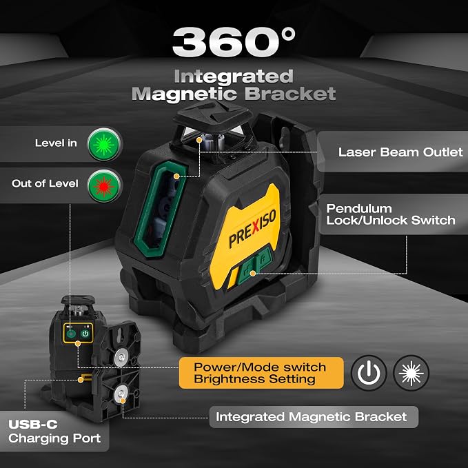 PREXISO 360 Laser Level with Tripod & 2 Plumb Dots - IP54 Rechargeable Point Cross Laser Level Self-Leveling- Lazer Leveler Tool 3 Brightness Settings, Plumb Spot Lazer Level for Construction, Ceiling