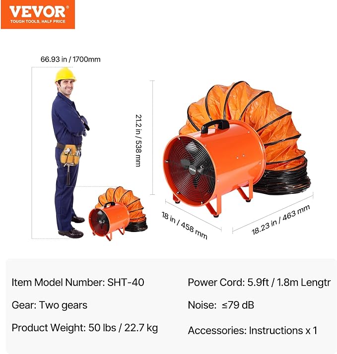 VEVOR 16 Inch Utility Blower Fan, 2 Speed 5175 CFM Heavy Duty Cylinder Axial Exhaust Fan with 33ft Duct Hose, Industrial Portable Confined Space Ventilator for basements, warehouse, Workshop
