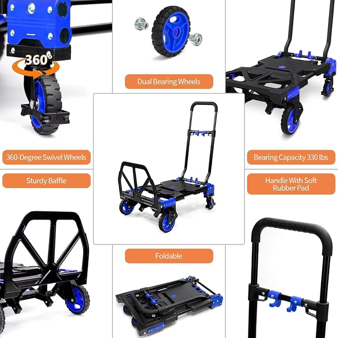2 in 1 Folding Hand Truck with Folding Basket,330lbs Capacity Heavy Duty Hand Truck,with Telescoping Handle and Rubber Wheels,Portable Dolly Cart with Bungee Cords for Moving,Travel,Shopping