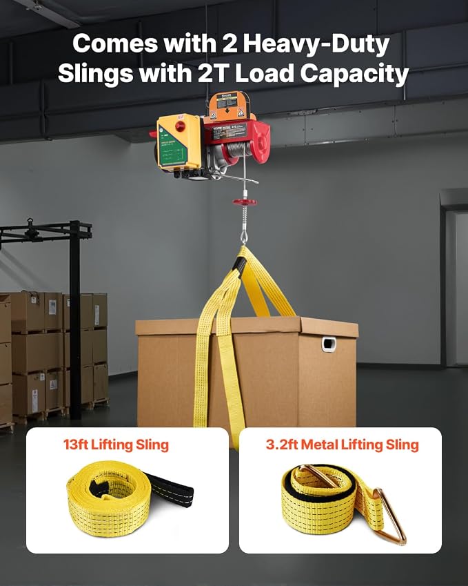 VEVOR Electric Hoist, 1760 lbs 120V Electric Winch with 328 ft Wireless Remote Control, 40 ft Single Cable Lifting Height, Single/Double Slings, Emergency Stop, Lift Hoist for Garage Warehouse Factory