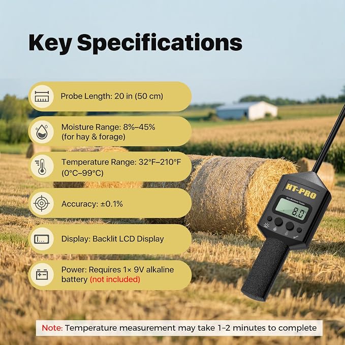 Hay Moisture Tester with 20" Probe, Moisture & Temperature Meter for Round and Square Hay Bales, Fast Backlit Readings, Calibration Clip Included, Black