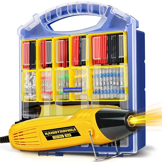 haisstronica All-in-One Solder Seal Wire Connectors with Tubing Set, Mini Heat Gun for Heat Shrink Tubing, Electrical Connectors Assortment, Organizer Box with Removable Dividers(340PCS)