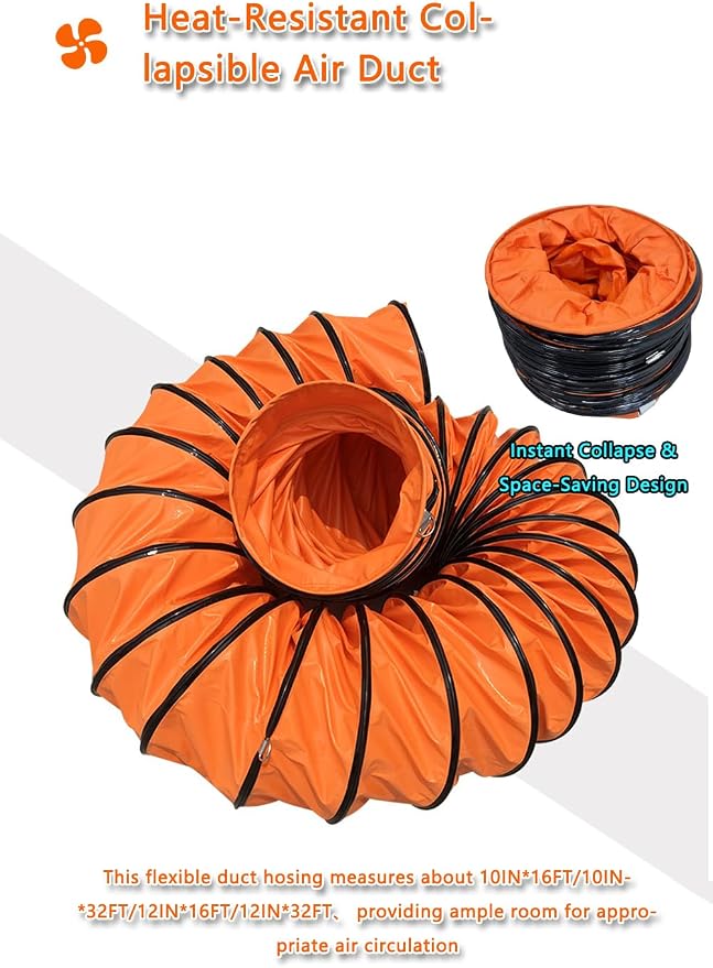 32FT PVC Flexible Duct Hose 12 Inch Duct Hosing with Adjustable Rope for Utility Blower Exhaust Fan Ducting Hose Folding Exhaust Duct Easy Storage【12 in*32Ft】