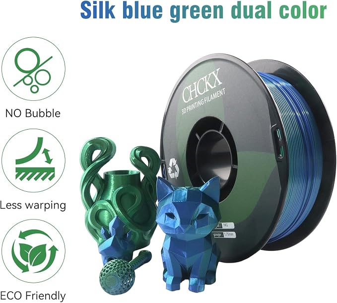 PLA 3D Printer Filament, Dual Color Silk PLA Filament, Dimensional Accuracy +/- 0.02 mm, 1 kg Spool(2.2lbs), 1.75 mm,Blue Green