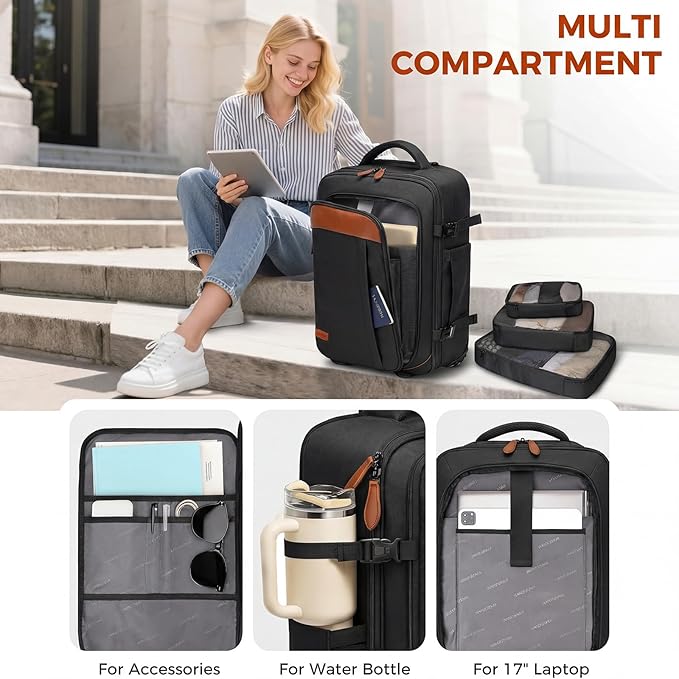 Vancropak Travel Backpack with Wheels, Rolling Backpack Fits 17.3" Laptop | Flight Approved Wheeled Luggage, Expandable Business Travel Suitcase, Womens Work Backpack, 3 Packing Cubes, Water Resistant
