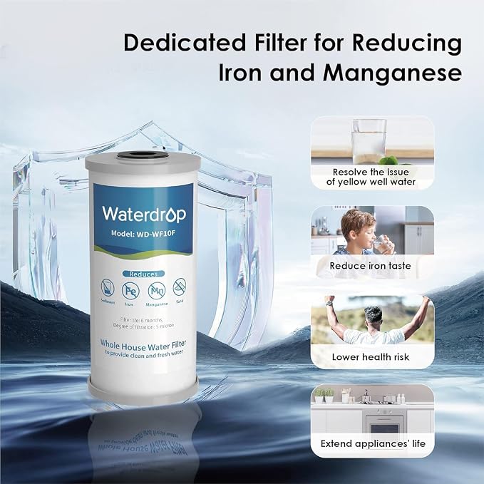 Waterdrop WF10F Whole House Water Filter, Compatible with WHF21-FG, Ispring, GE®, Any 10" x 4.5" System, Iron and Sediment Filter, Reduces Manganese, 5 Micron