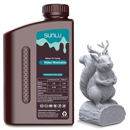 SUNLU Water Washable 3D Printer Resin, Fast Curing Low Shrinkage, High Precision Photopolymer Resin for LCD/DLP/SLA Printers,395 to 405nm UV Resin, 1000g Grey