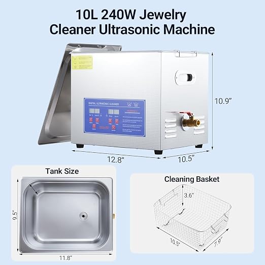 10L/2.64Gal Heavy-Duty Ultrasonic Cleaner 240W 40kHz - Industrial-Grade Heated Cleaning Machine with Digital Timer, for Watches, Eyeglasses, Jewelry, Dental Tools & Industrial Parts
