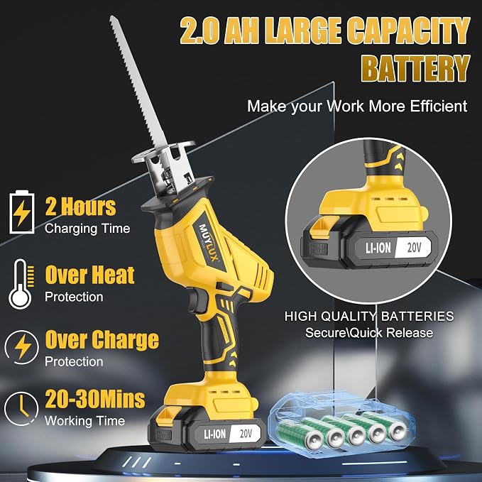 Cordless Reciprocating Saw, Electric Saw with Battery and Charger, 20V Battery Power Saws, 0-3500 SPM Variable Speed, Tool-Free Change, 4 PCS Blades for Wood PVC Metal Pipe Tree Cutting, 2 Batteries
