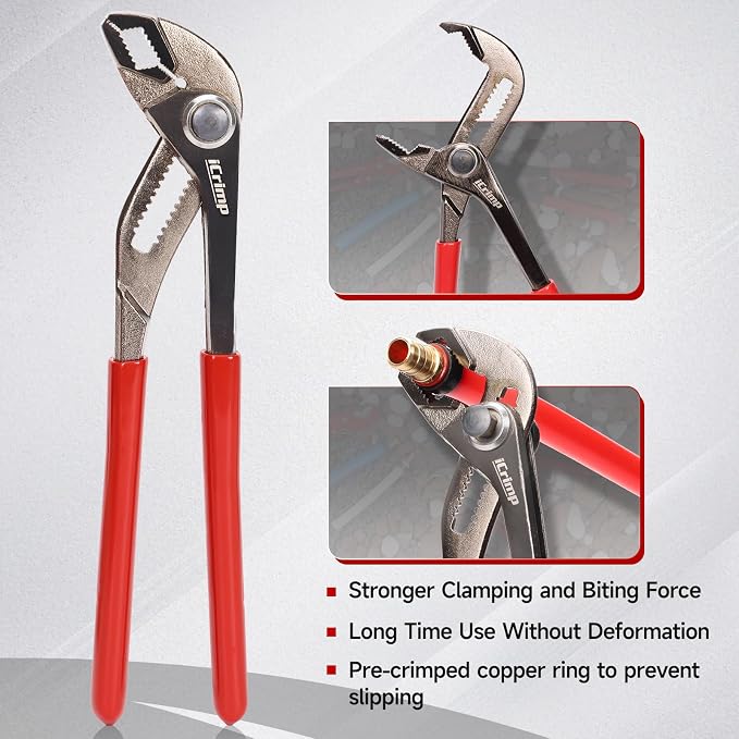 iCrimp Angle Head F1807 PEX Pipe Crimping Tool for Copper Rings - 1/2&3/4-inch Two Crimper Set with 9.5" Groove Joint Pliers, PPR Cutter, 20PCS 1/2" and 10PCS 3/4" Copper Rings