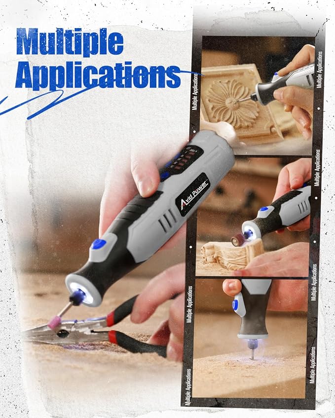 AVID POWER Cordless Rotary Tool 2.0 Ah 8V Rechargeable Rotary Tool, 4 Front LED Lights, 5 Speeds, 60 Pcs Rotary Accessories with Bag for Carving, Engraving, Sandng, Polishing and Cutting - Grey