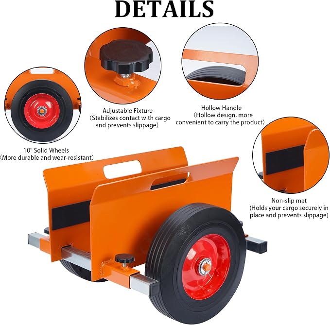 Heavy Duty Panel Dolly Orange 1100LBS Capacity Door Dolly with 10" Solid Wheels, Adjustable Drywall Mover Panel Drywall Cart Material Handling All Terrain Slab Cart