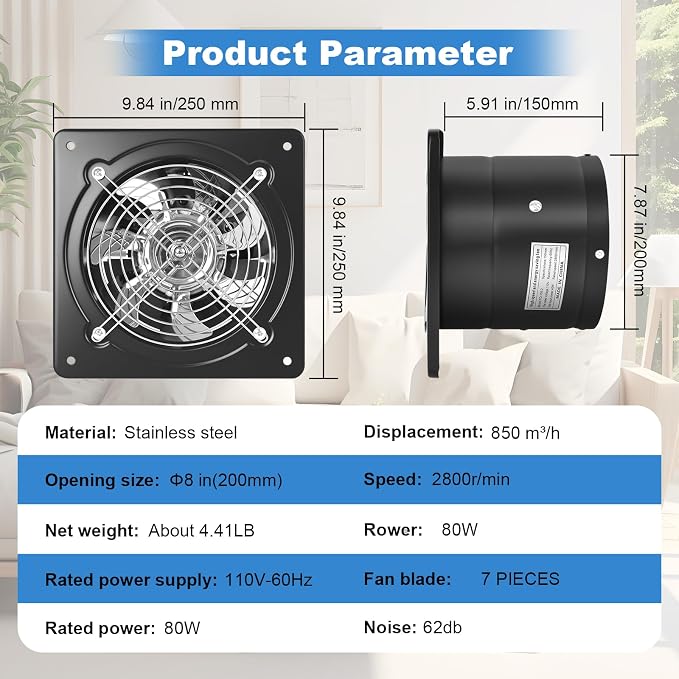 8-inch wall-mounted kitchen metal exhaust fan with switch, 382-576CFM, portable installation, with return air valve, suitable for attic, garage, bathroom, office, basement ventilation, Black