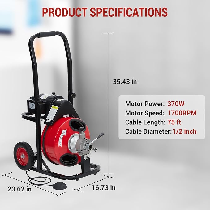 GarveeTech Auto Feed 75 ft x 1/2 in Drain Cleaner Machine with 370W Motor, Portable Sewer Snake Auger with 8 Cutters & Air-activated Foot Switch, Fits 1 in to 4 in Pipes, Black & Red