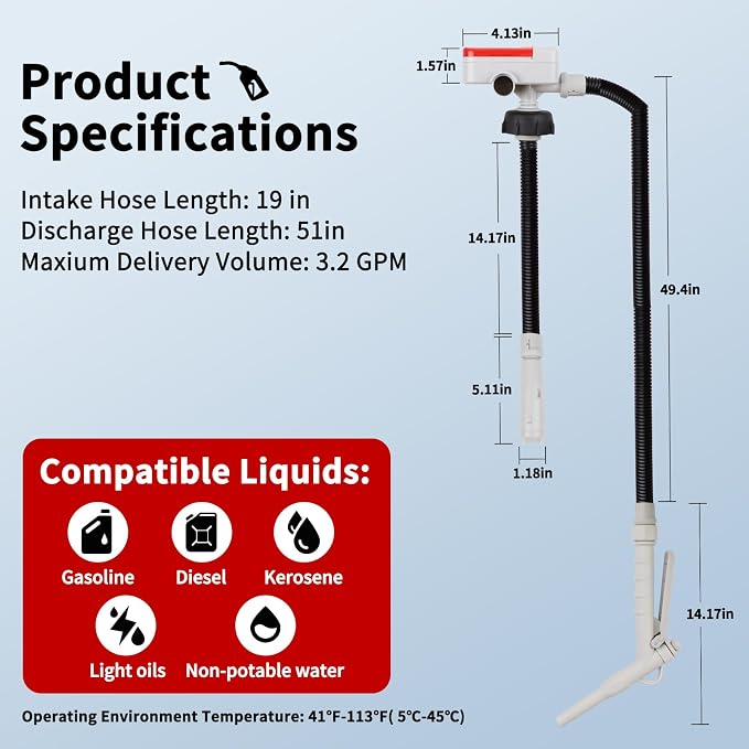 Fuel Transfer Pump (3.2GPM) with Hand Nozzle for Quick Stop Flow Control, 51" Hose Automatic Gas Pump with 4 Gas Can Fittings, USB and Battery Powered Portable Siphon Pump for Oil, Gasoline, Diesel