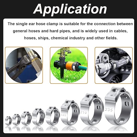 62Pcs 7 Sizes 304 Stainless Steel Single Ear Hose Clamps 6-23.5mm Crimp Hose Clamps Assortment Kit Perfect for Automotive/Home Appliance/Water Pipe and Fuel Line