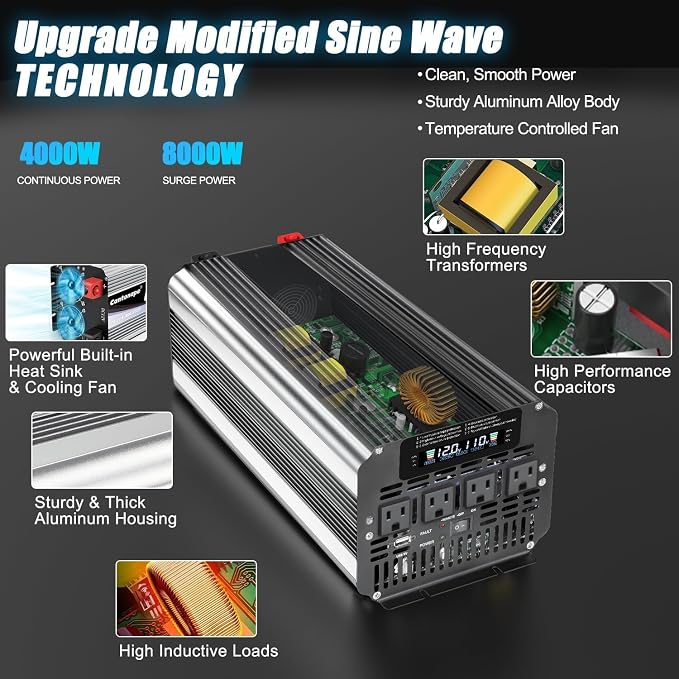 Cantonape 4000 Watt Power Inverter, Car Inverter 12V DC to 110V/120V AC Converter with LCD Display, 4 AC Outlets, USB Port & Remote Controller for RV, Truck, Off-Grid Solar System