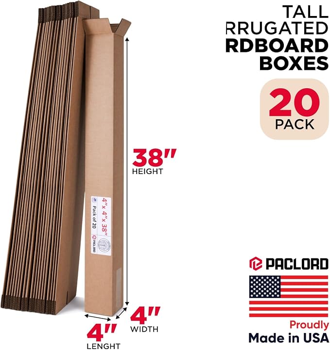 Tall Cardboard Boxes 4"L x 4"W x 38"H (Pack of 20) - USA-Made Packing Boxes for Moving, Shipping, or Storage - USPS, UPS, FedEx Approved - Professional Packing Supplies for Moving | USA-Made Packing Boxes for Moving, Shipping, or Storage - USPS, UPS, F...